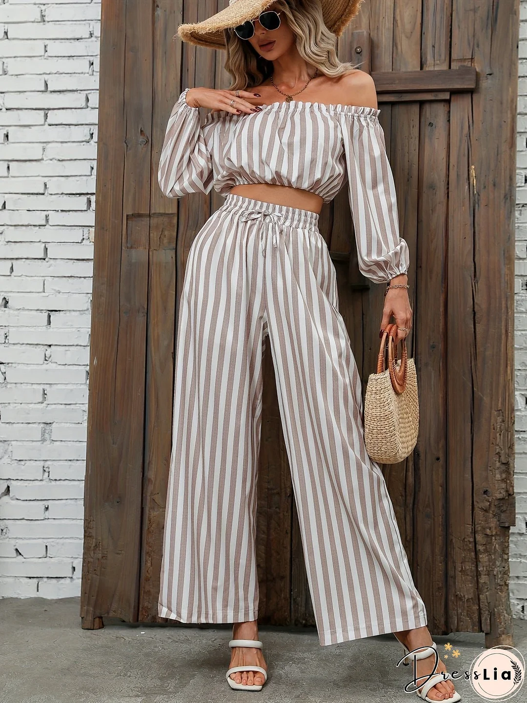 Striped Print Casual Two-piece Set, Off Shoulder Long Sleeve Tops & Wide Leg Drawstring Pants Outfits, Women's Clothing