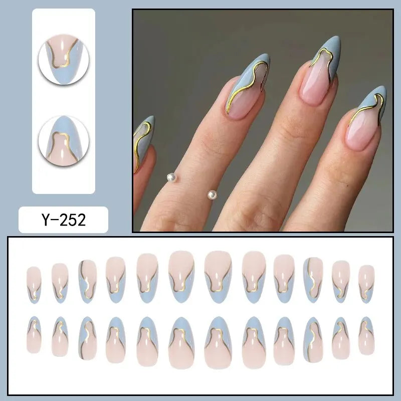 Aiertu 24 Pieces Long Almond Irregular French style Pattern ABS Full Cover Glossy False Nails Aiertu