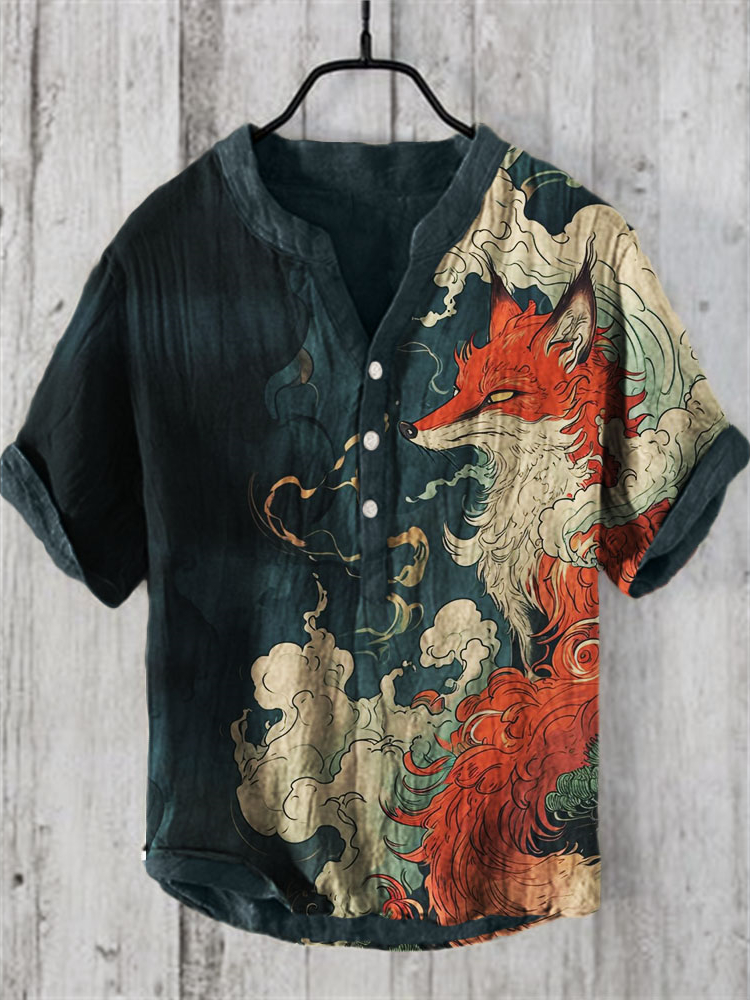 Men's Mythical Fox Japanese Art Linen Shirt  artssus