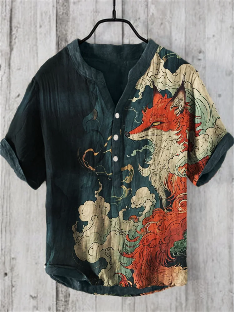 Men's Mythical Fox Japanese Art Linen Shirt