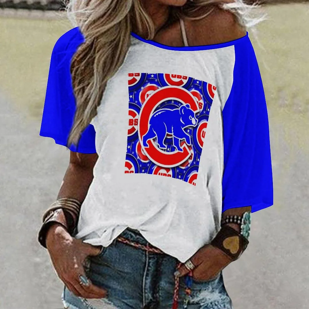 Shoulder Off  Loose Short Sleeve Casual T-shirt for Women Printed with Pattern,Blue,Red