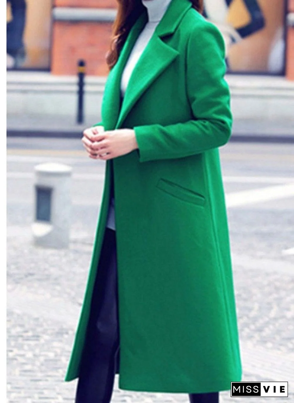 Lapel Plain Pocket Long line Woolen Coat