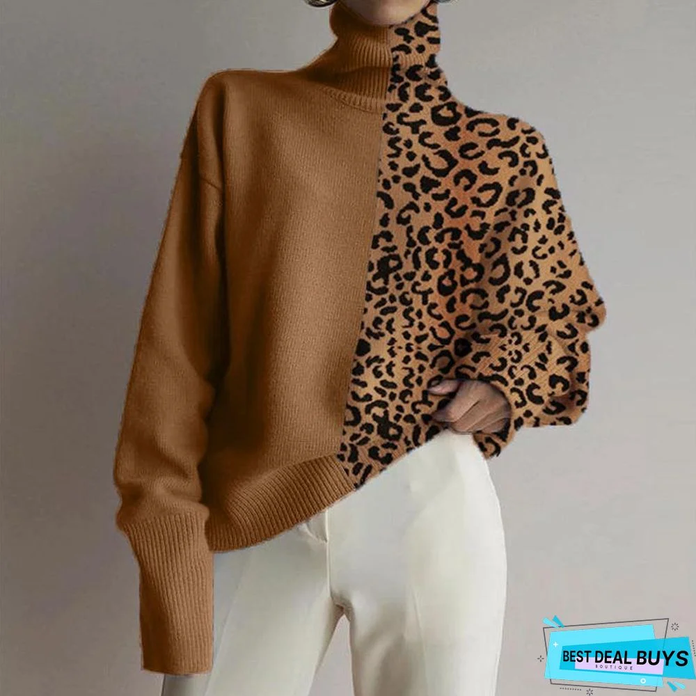 Fashionable Loose High Collar Leopard Stitching Sweater