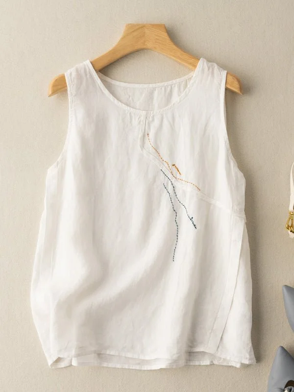 Loose Casual Vintage Embroidered Sleeveless Linen Vest