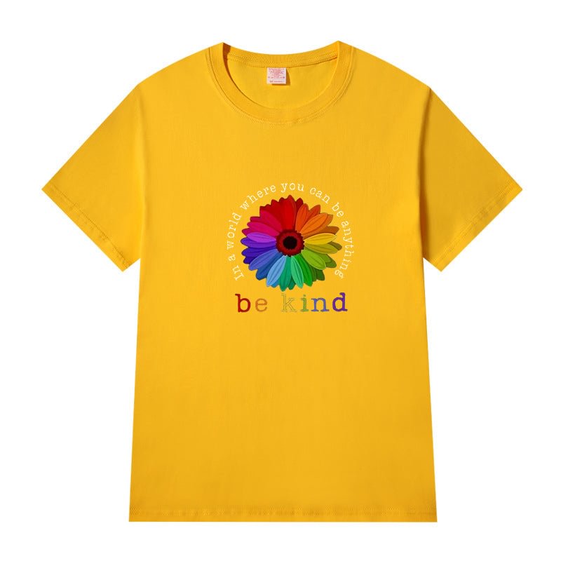 Short Sleeve Crew Neck Be Kind Sunflower Letter Printed T-shirt