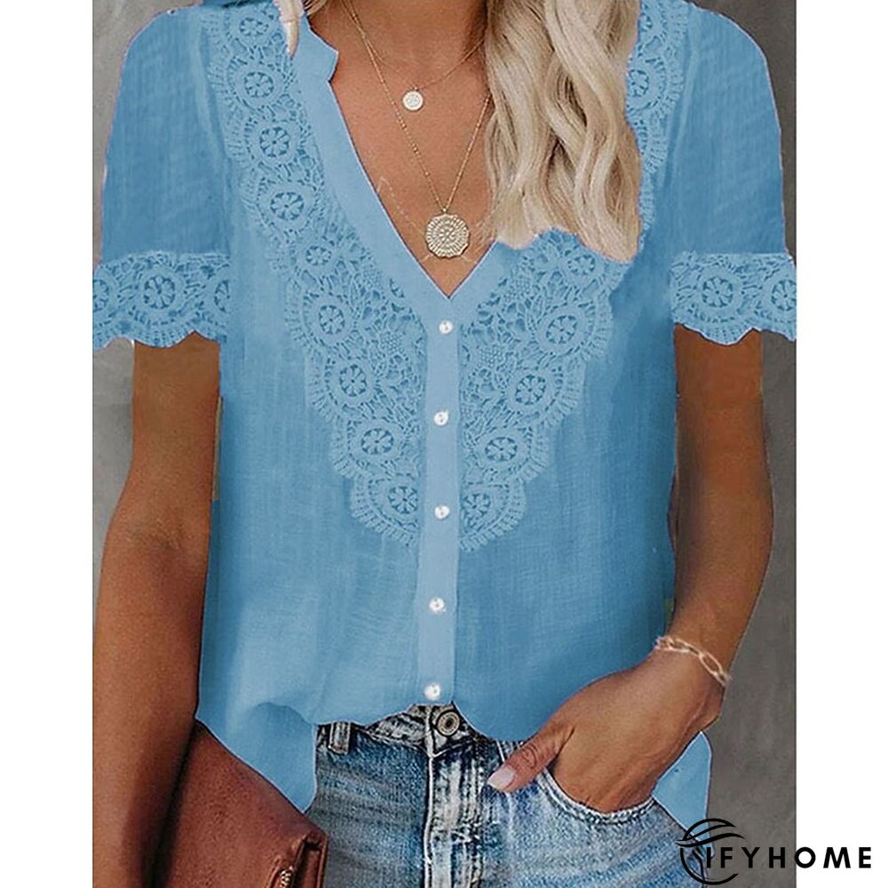 Womens Shirt Blouse Black White Pink Plain Lace Patchwork Short Sleeve Daily Weekend | IFYHOME