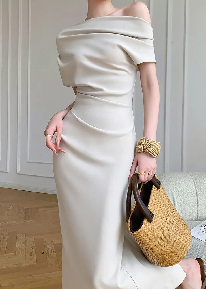 Off-Shoulder Halter Chiffon Dress with Blouson Bodice White