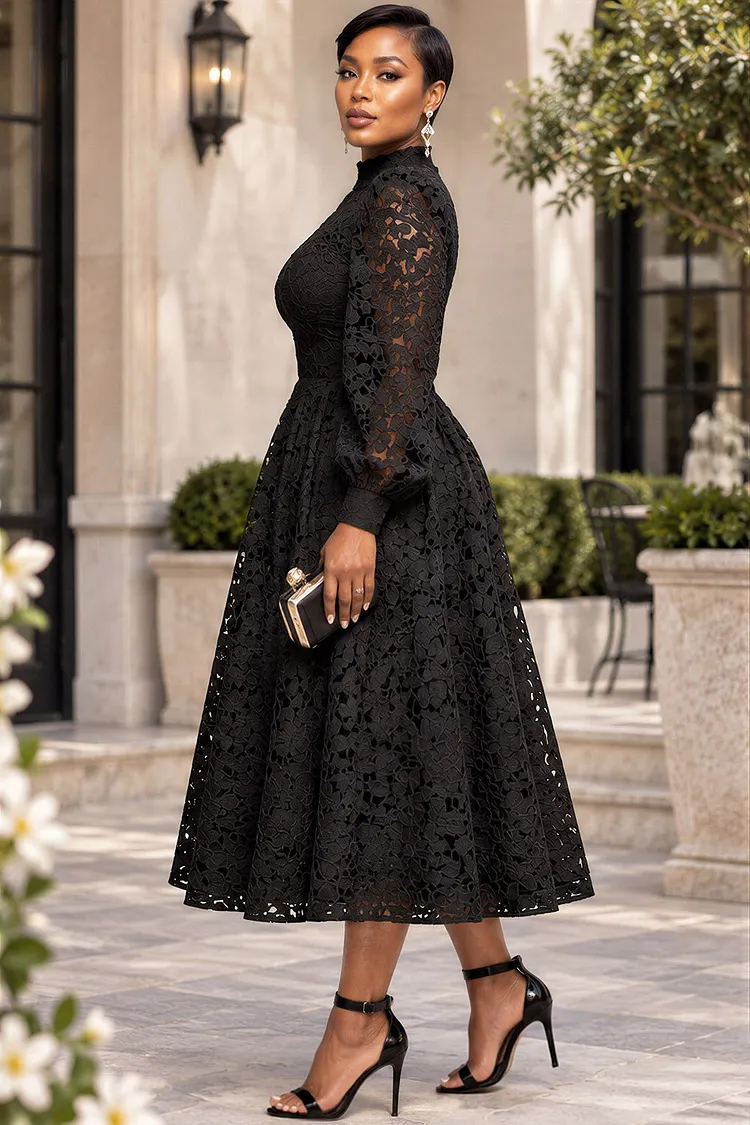 Xpluswear Design Plus Size Wedding Guest Black Mock Neck Lantern Sleeve Long Sleeve Pocket Lace Midi Dresses [Pre-Order]