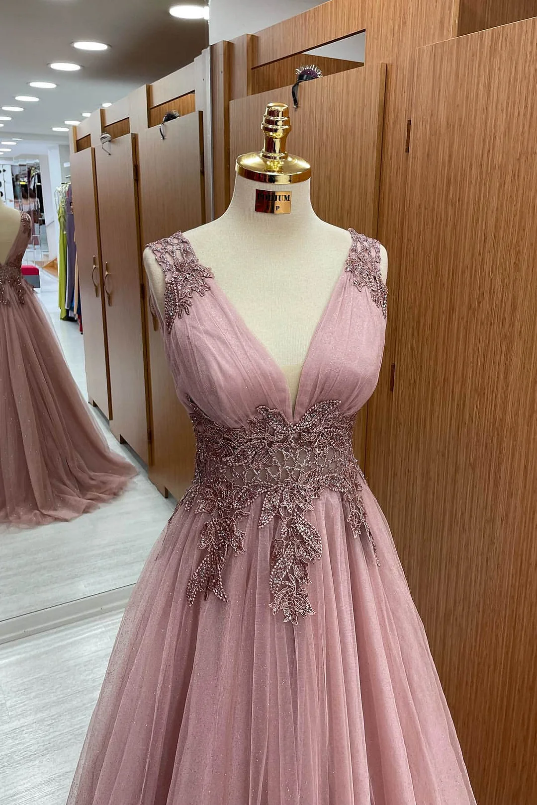 Miabel Sleeveless Dusty Pink Prom Dress Tulle Long With Appliques V-Neck