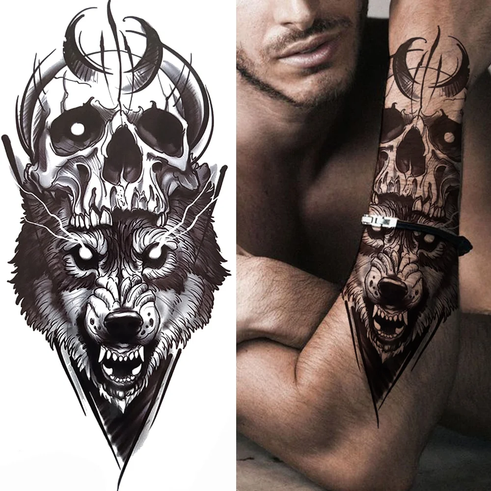 Sdrawing Wolf Forest Tattoo Sticker For Men Women Children Tiger Death Skull Temporary Tatoo Fake Lion Skeleton King Animal Tattoo