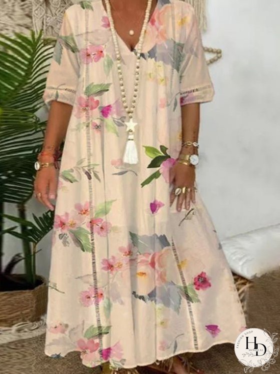 Dresses Printed V-Neck Short Sleeve Casual Dress for Women