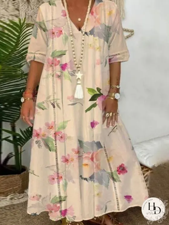 Dresses Printed V-Neck Short Sleeve Casual Dress for Women