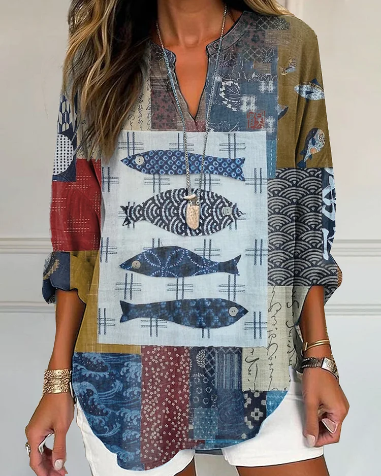 Women's  Boro Patchwork Print Casual Linen Shirt