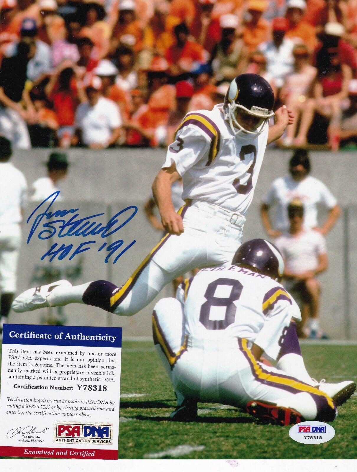 JAN STENERUD MINNESOTA VIKINGS PSA AUTHENTICATED ACTION SIGNED 8x10 Photo Poster painting