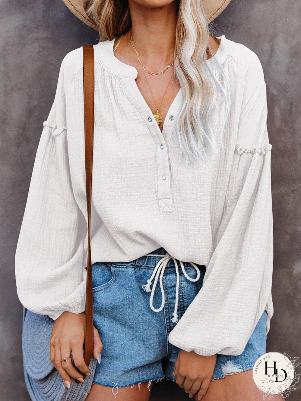 White Crinkled Casual Top with Balloon Sleeves