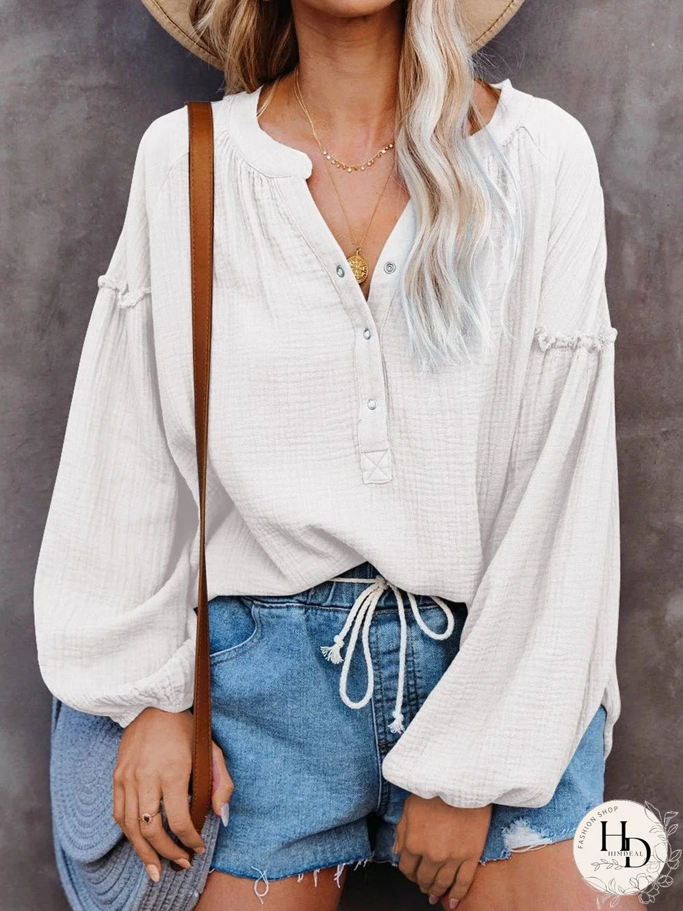 White Crinkled Casual Top with Balloon Sleeves