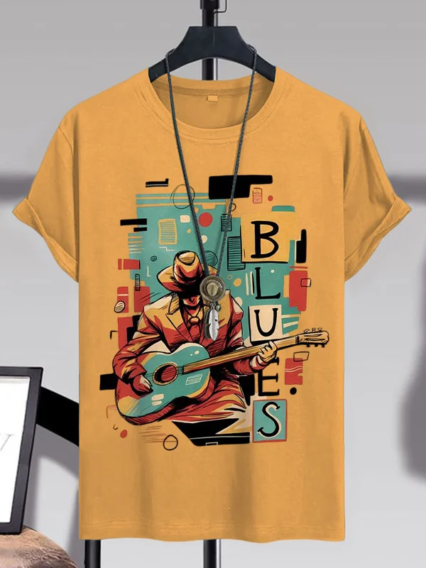 <💯Cotton> Men's Blues Music Color Block Art Print Cotton Casual T-Shirt