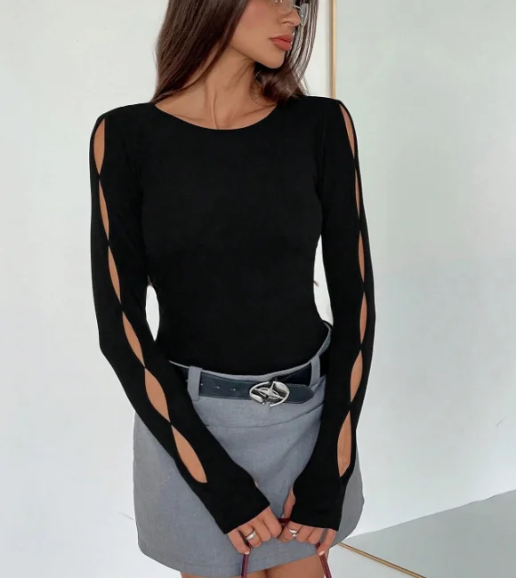 Nigikala Nigikala Women's Casual Long-Sleeved Round-Neck Solid-Colored Hollow T-Shirt