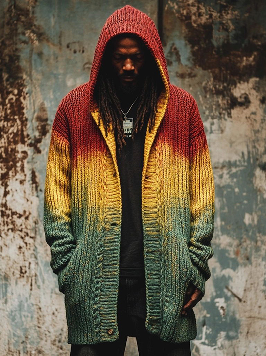 Men's Reggae Inspired Contrast Color Knit Hooded Cardigan wearshes