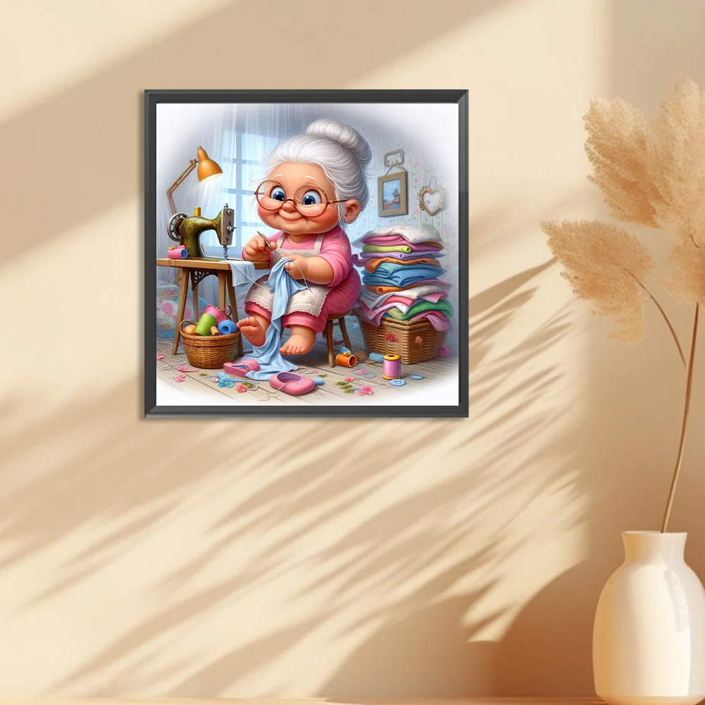 Diamond Painting - Full Round Drill - Old Lady Sewing(Canvas|30*30cm)