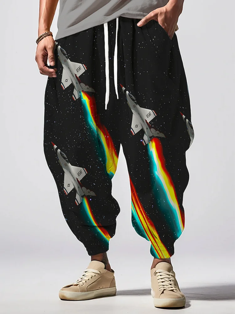 Men's Fighter Aircraft Print Loose Drawstring Waist Sweatpants