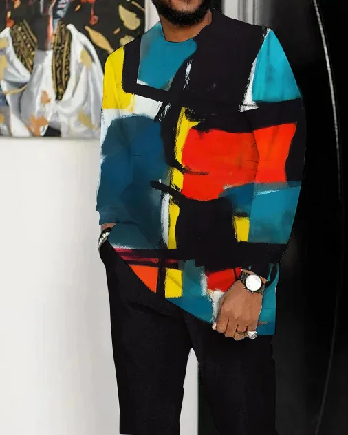 Men's Retro Abstract Art Pattern Walking Suit Long Sleeve Suit