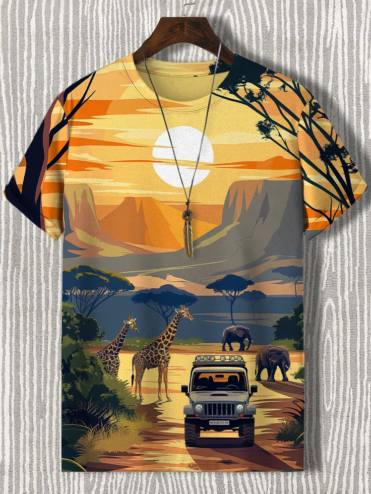 Men's Encounter With Wild Animals Art Print T-Shirt