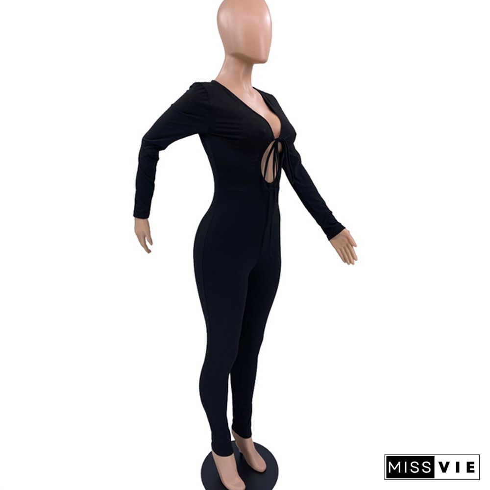 Lace Up Cut Out Long Sleeve Bodycon jumpsuit