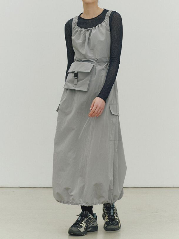 Vintage Drawstring Ruched U Neck Midi Dress