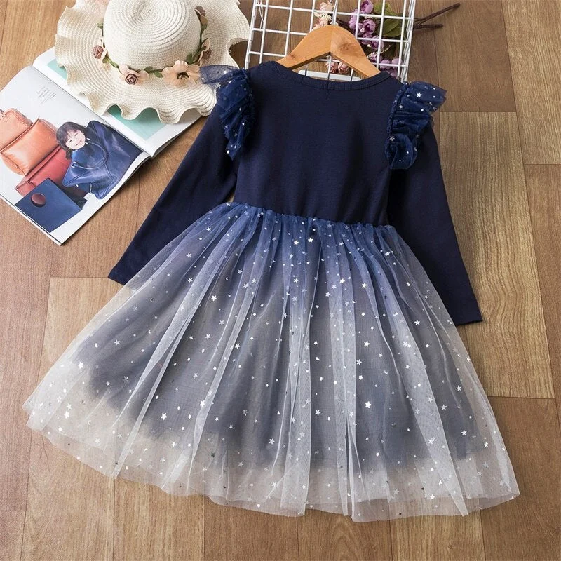 Girls Winter Full Sleeve Sequined Shiny Princess Dress Cotton Christmas Girls Birthday Party Dresses 3-8Y Kids Casual Wear Cloth