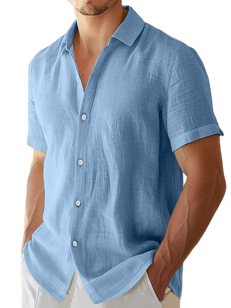 Men's summer solid color imitation linen casual and comfortable short-sleeved shirt