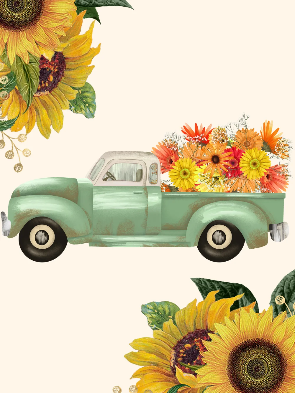 Diamond Painting - Full Round/Square Drill - Sunflower and Car(30*40 - 50*60cm)