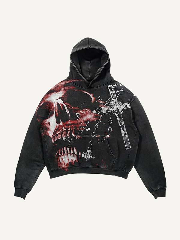 Skull&Cross Print Slant Pockets Hoodie