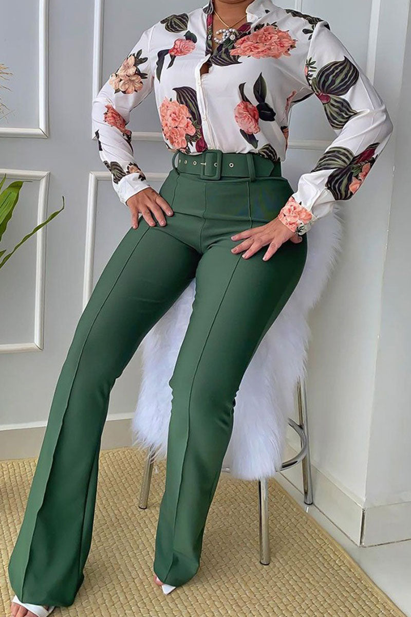 Casual Print Split Joint Buckle Mandarin Collar Long Sleeve Two Pieces