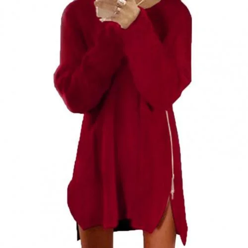 Solid Color Long Sleeve O Neck Sideway Zip Loose Mini Dress