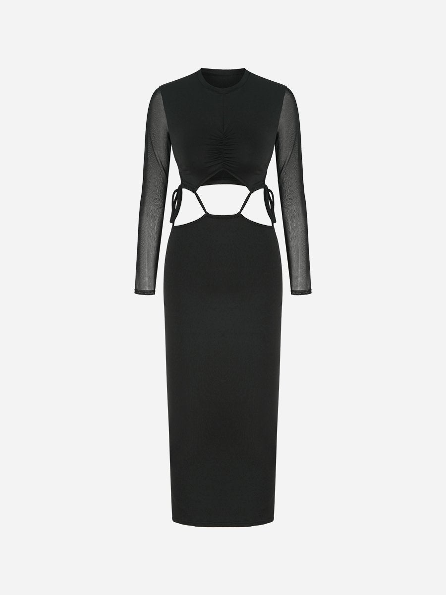 Round Neck Hollow Out Long Sleeve Midi Dress
