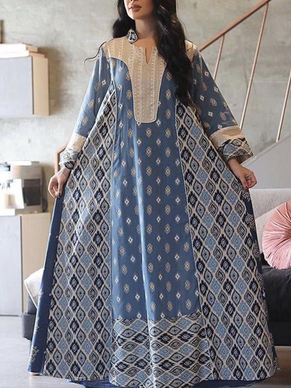 Round neck diamond printed gray blue maxi kaftan dress