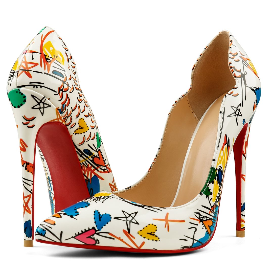 100mm/120mm Women's Pointed Toe V-Cut Shaped Graffiti Print Pumps Red Bottom Shoes-vocosishoes