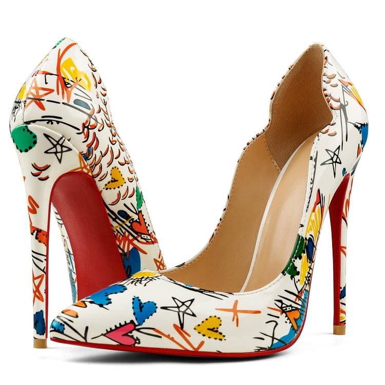 100mm/120mm Women's Pointed Toe V-Cut Shaped Graffiti Print Pumps Red Bottom Shoes VOCOSI VOCOSI