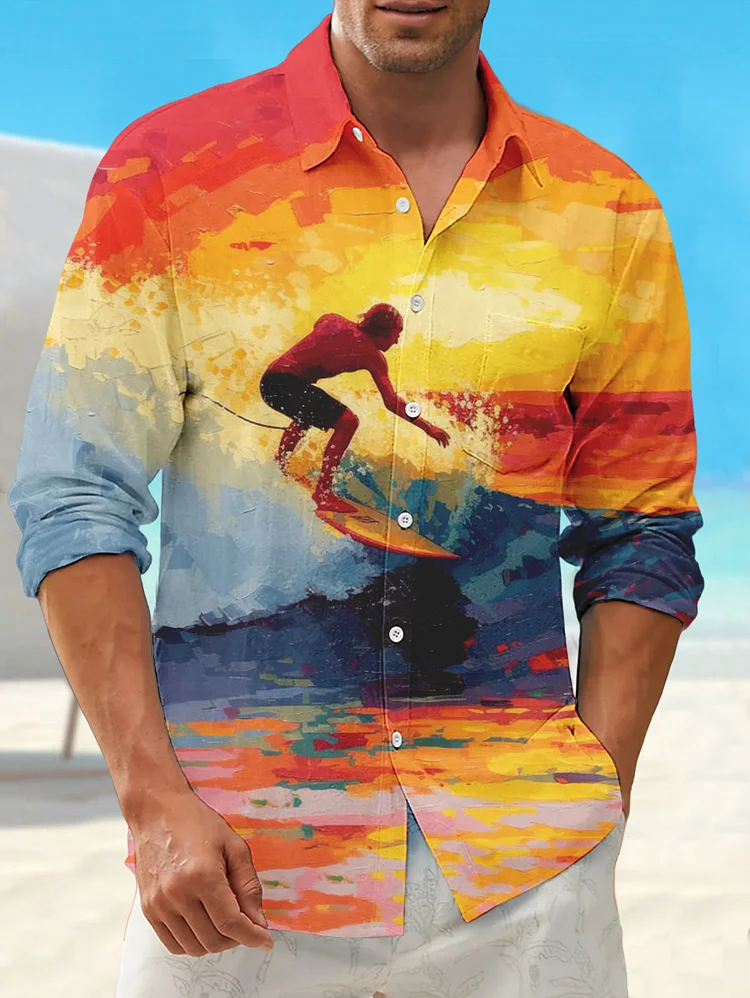 Men's Tie Dye Surfing Vacation Print Casual Long Sleeve Shirt