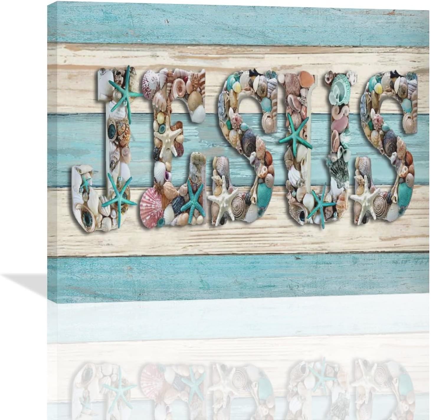 Jesus God Wall Art Teal Seashells Starfish Shell Pictures Wall Decor Bible Christian Religious Faith Inspirational Poster Canvas Painting Print Artworks Framed for Bathroom Living Room Bedroom 20 inch x16 inch  20&#034;x16&#034;