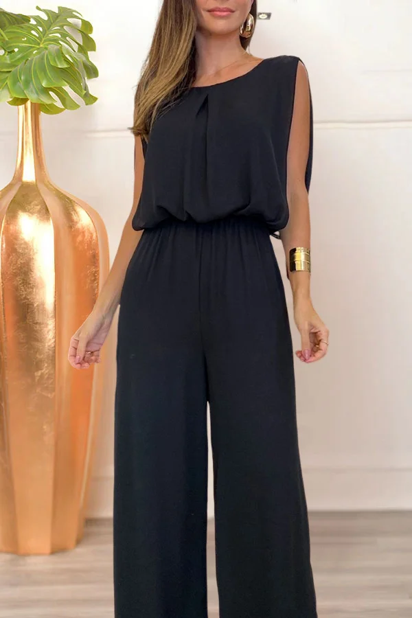 Casual Round Neck Solid Loose Knit Jumpsuit