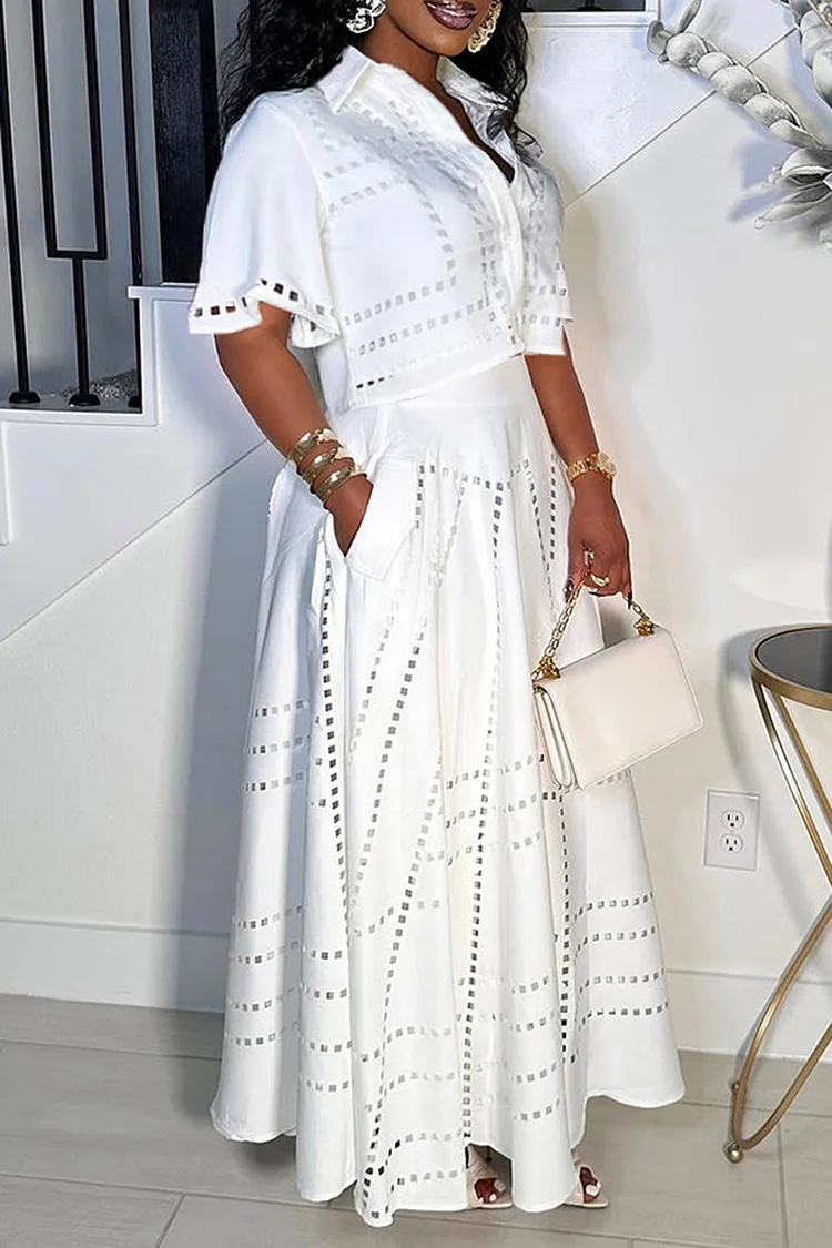 Plus Size Vacation White Shirt Collar Short Sleeve Cut Out Pocket Two Piece Skirt Sets