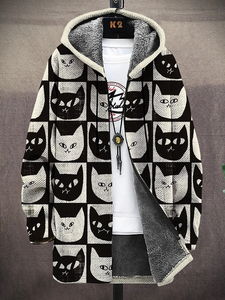 Men's Cat Faces Art Print Fleece Lined Hooded Trench Coat
