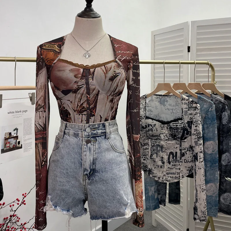 Uveng Quality Explosion Fang Lace Splicing Tie-Dye Mesh Long Sleeve Tight Babes With Chest Pads Short Top 1386