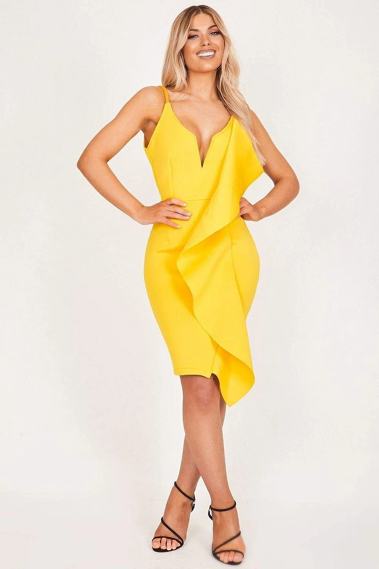 Yellow Plunge Ruffle Midi Dress Katch Me