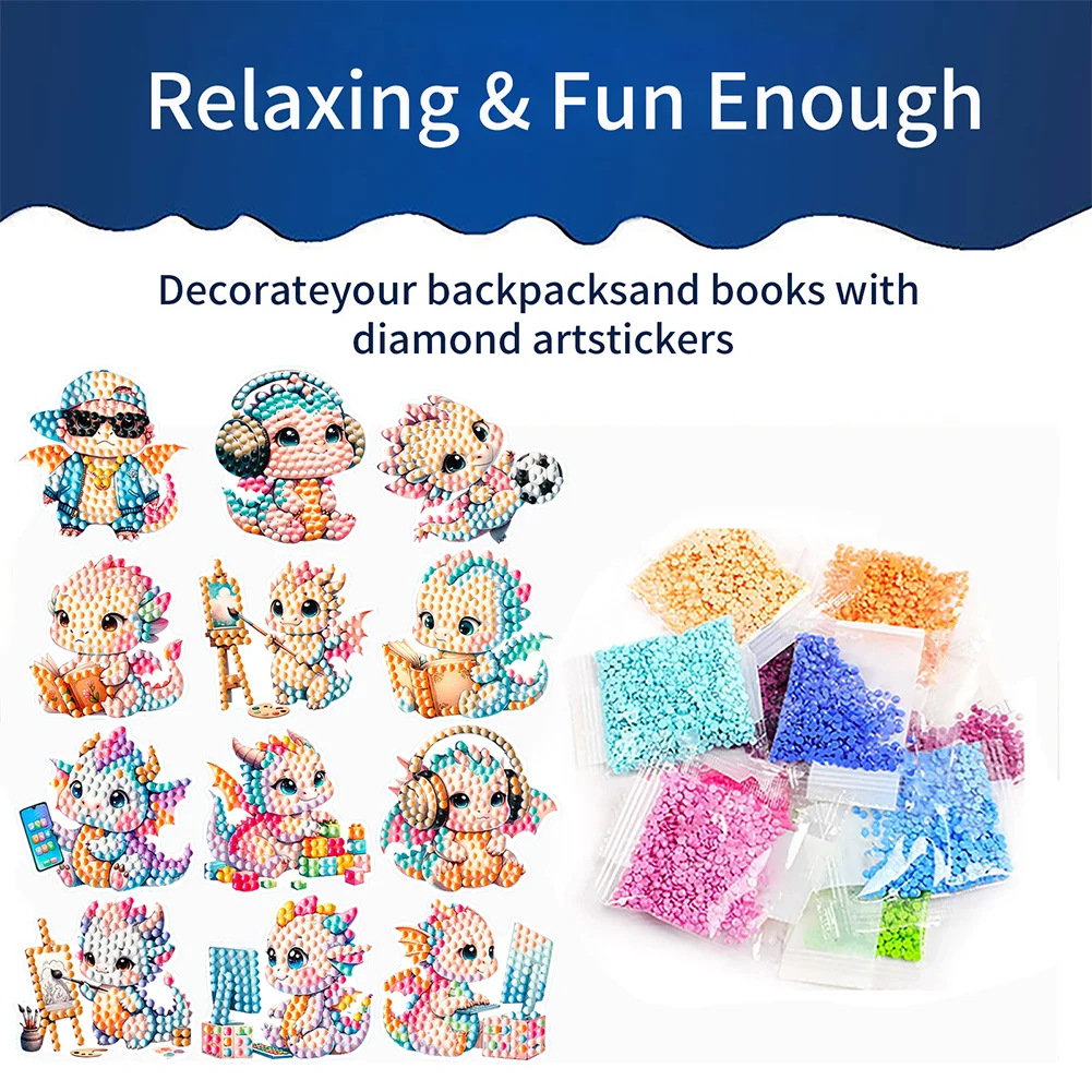 12Pcs Dragon Diamond Painting Sticker Cartoon Dragon Gem Sticker for DIY Arts