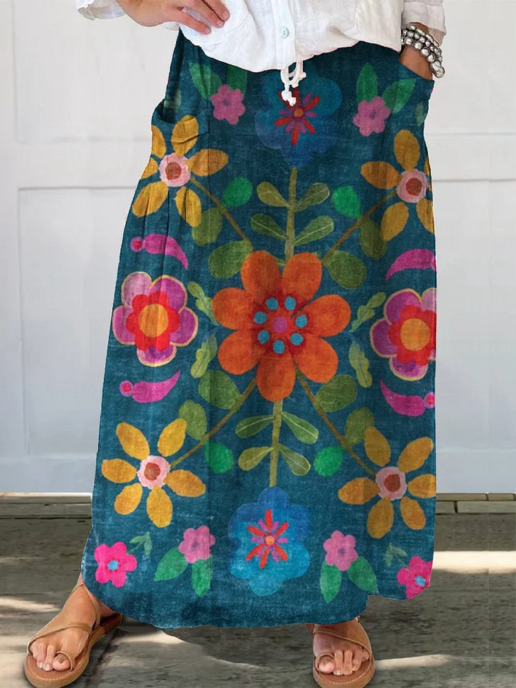 Women's Colorful Retro Floral Art Linen Pocket Skirt