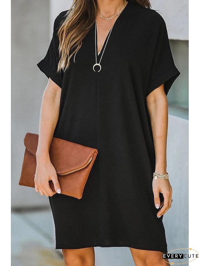 Casual Dress Midi Black White Yellow Short Sleeve Pure Color Summer Spring Neck Hot XXL