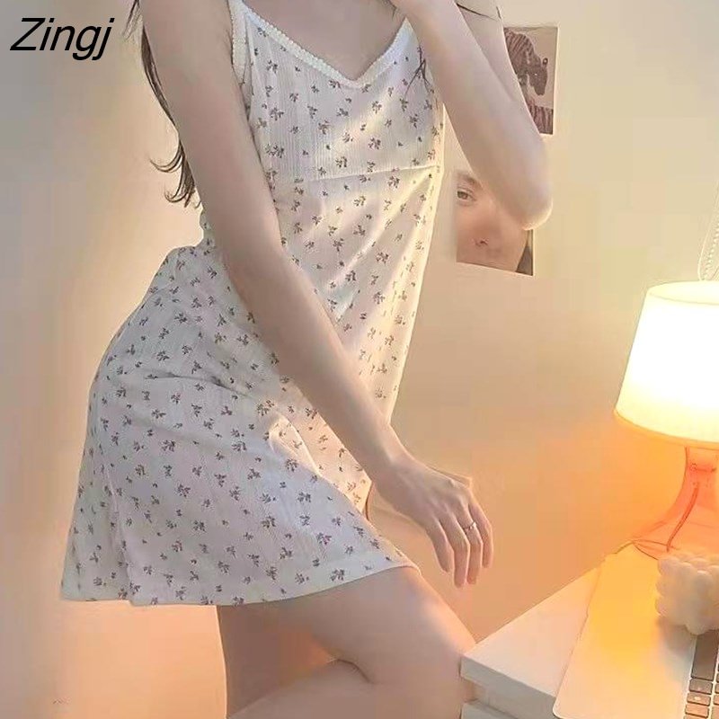Zingj Women Summer Floral Mini V-neck Sleeveless Elegant Sleepwear Homewear Soft Sweet Lovely Ulzzang Design Ladies Popular